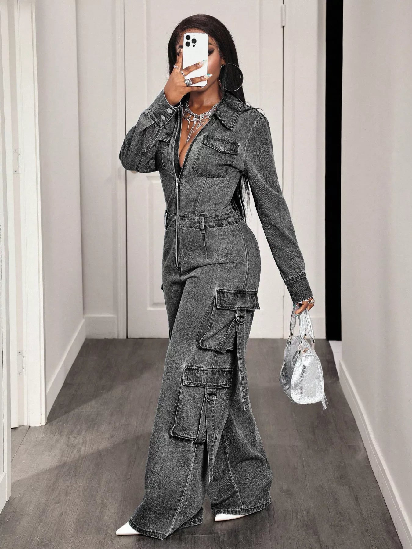 Zip Front Wide Leg Cargo Denim Jumpsuit