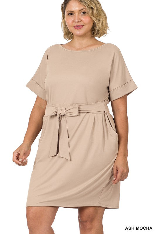 Plus Size Brushed Tie Belted Dress
