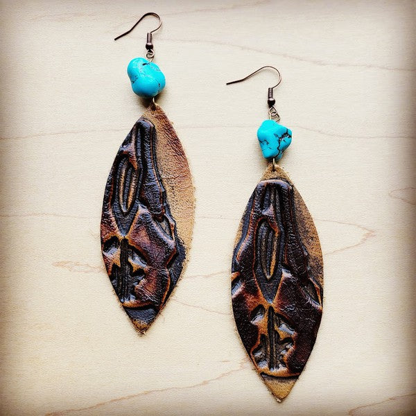 Leather Oval Earrings Turquoise Accent