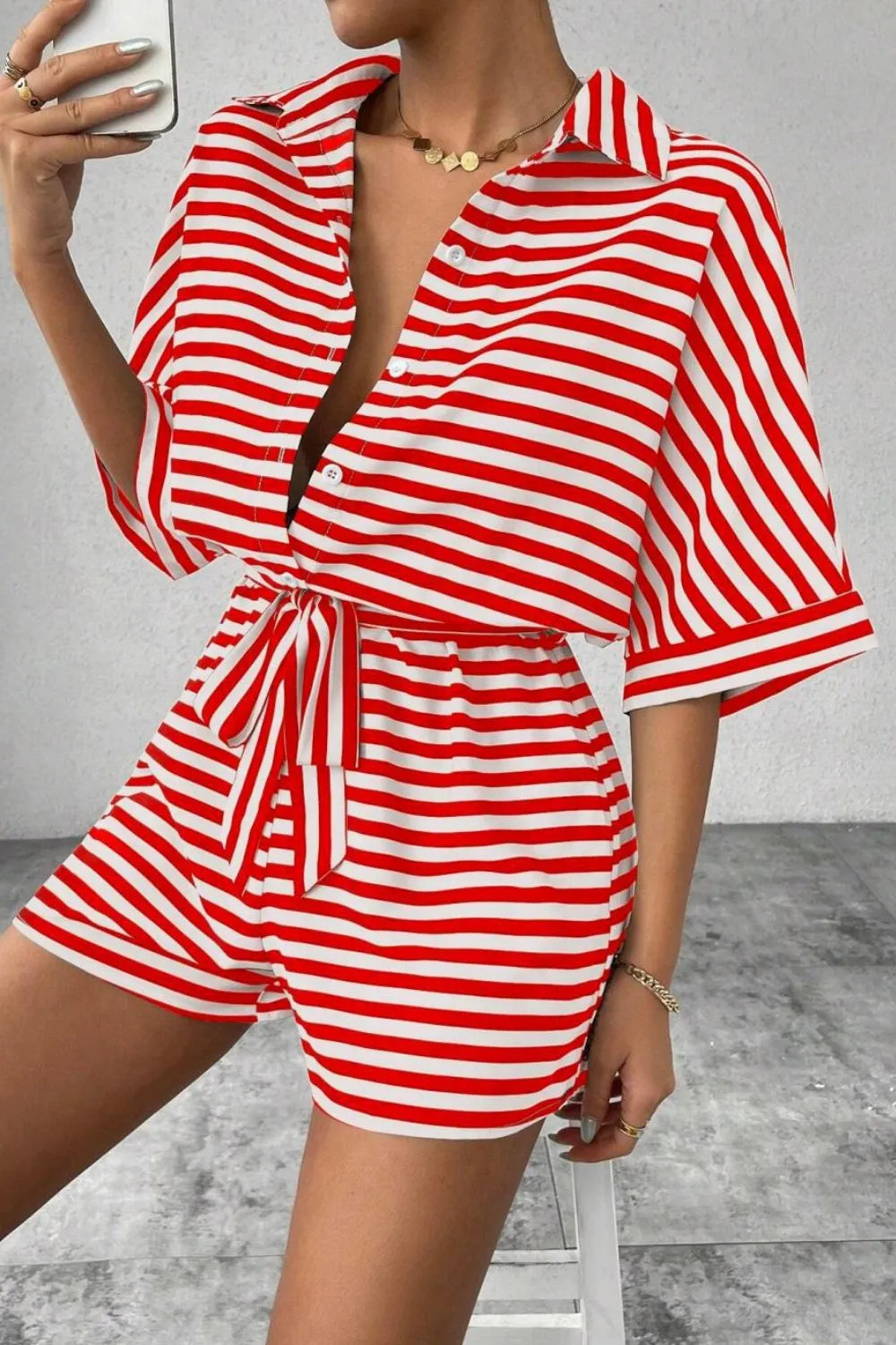 Striped Collared Neck Tie Waist Romper