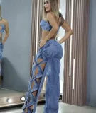 Hollowed Out S-line Denim Patchwork Pants