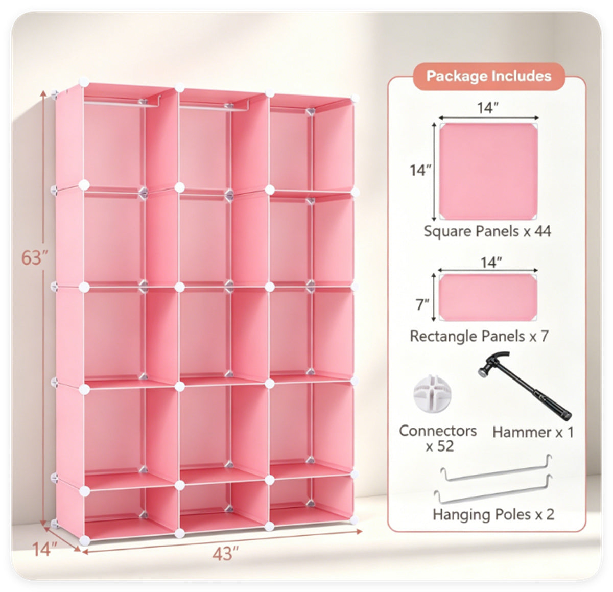 3-Cube Pink Modular Kids Closet