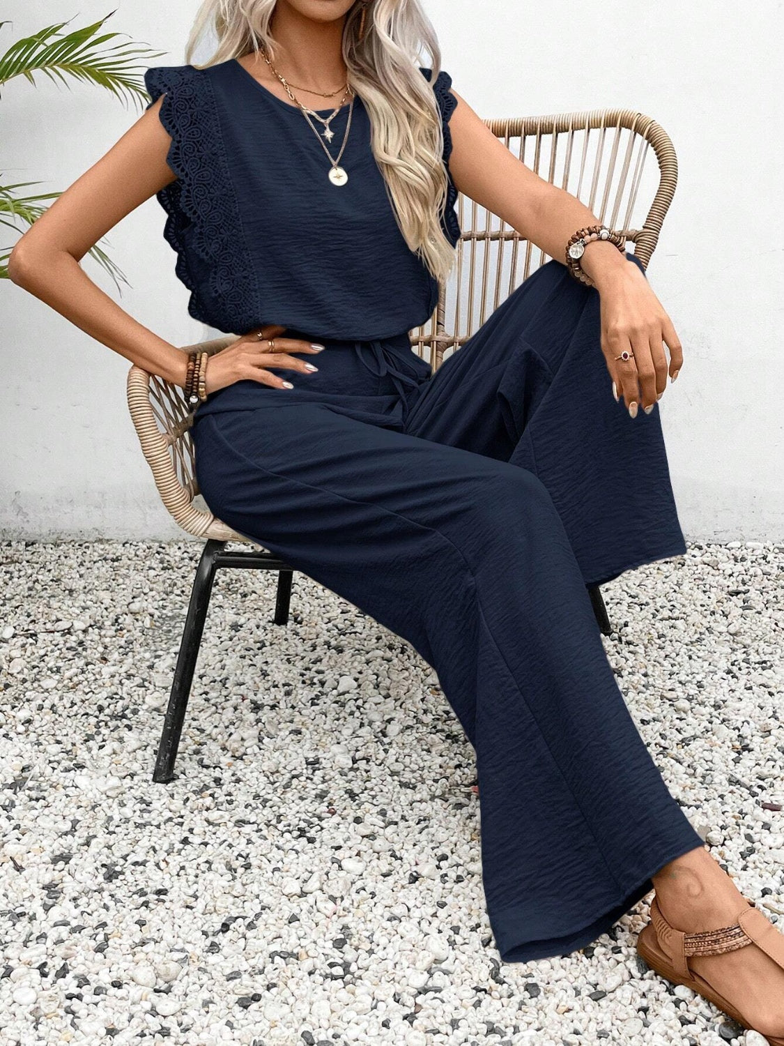 Lace Trim casual Pants Set