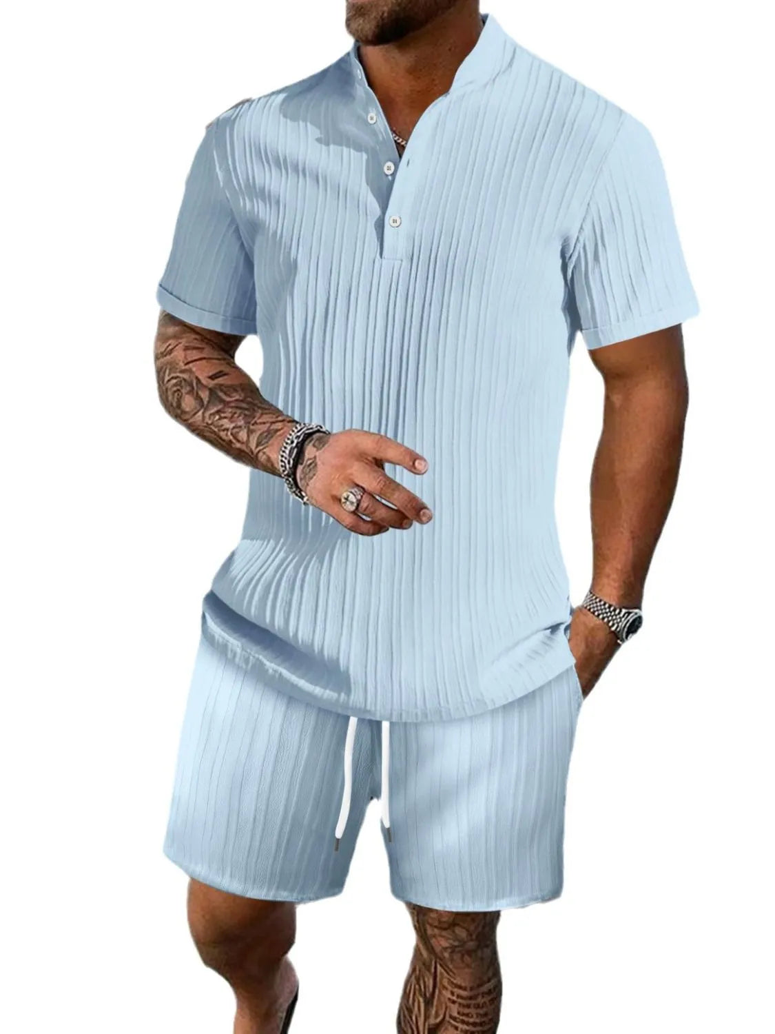 Men's Button Detail Short Sleeve Top and Shorts Set