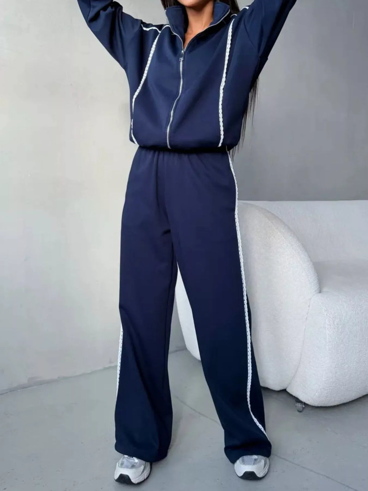 Lace accent zip-up jacket set, view 14