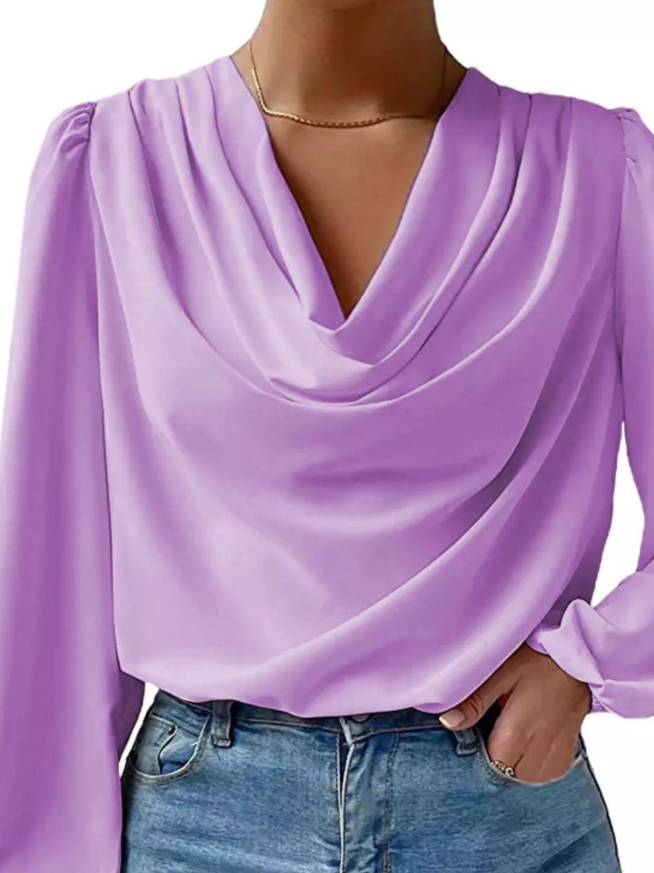 Full Size Cowl Neck Balloon Sleeve Blouse