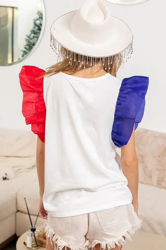 USA Theme Ruffle Sleeve Top