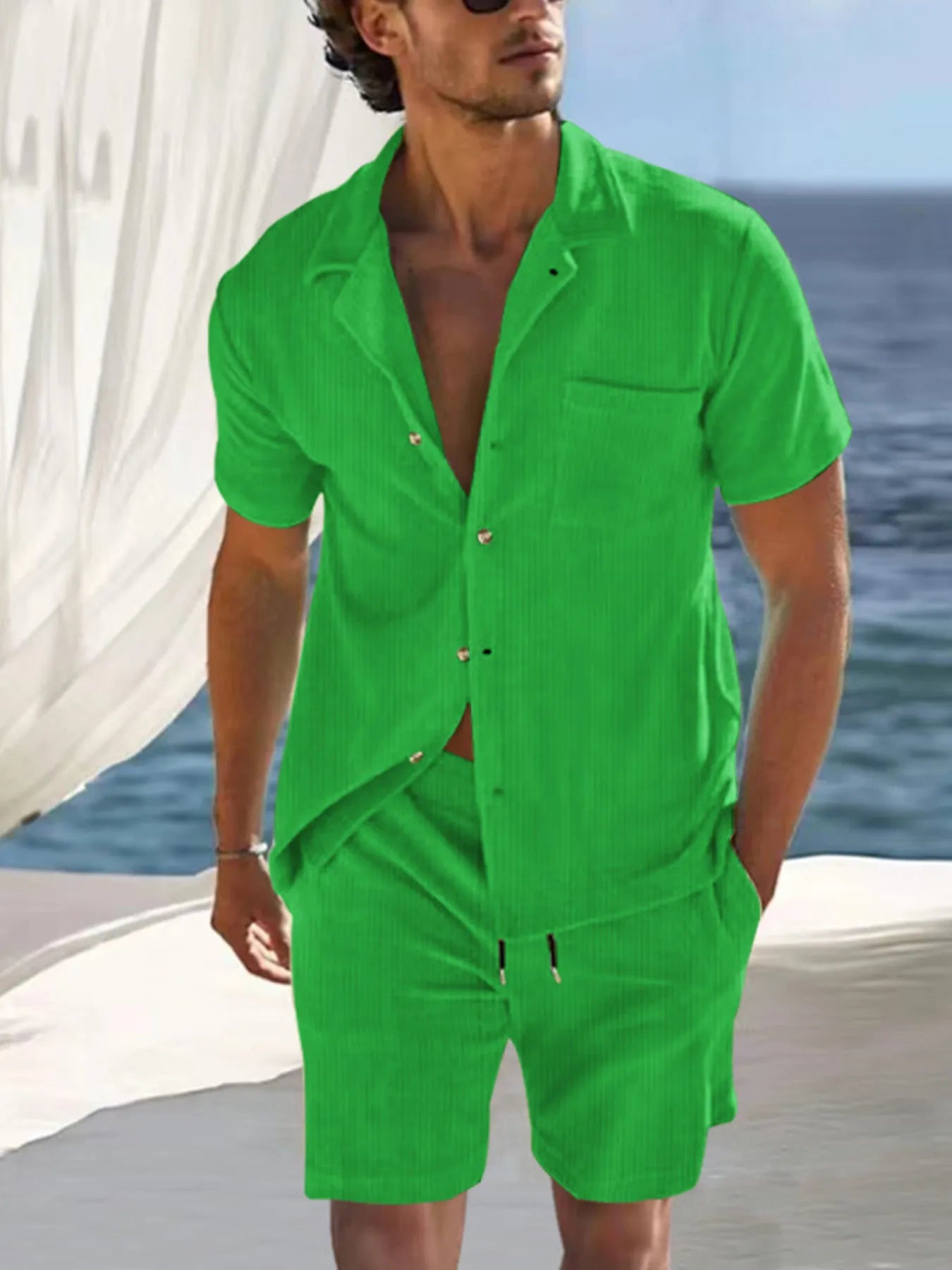 Men's Button Detail Short Sleeve Top and Shorts Set
