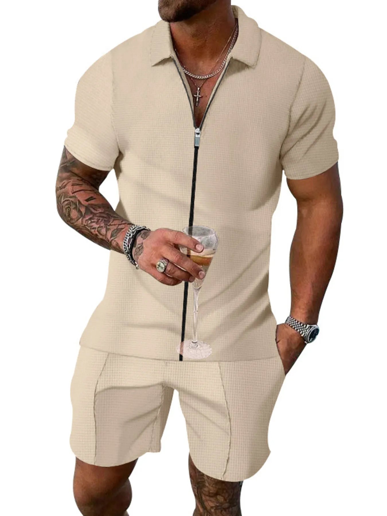 Men's Zip Up Short Sleeve Top and Shorts Set