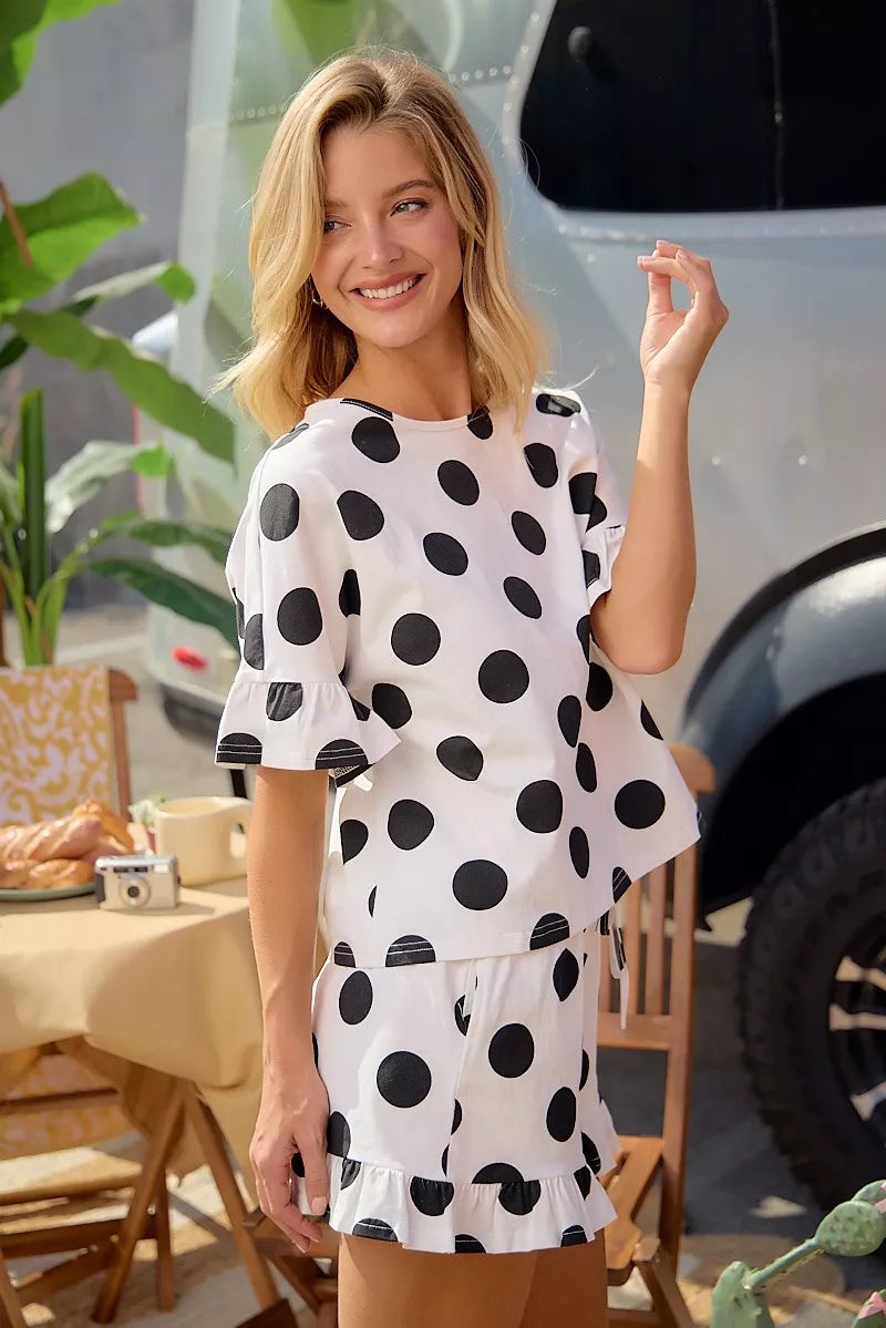 BiBi Polka Dots Printed Ruffled Detail Top And Shorts Set