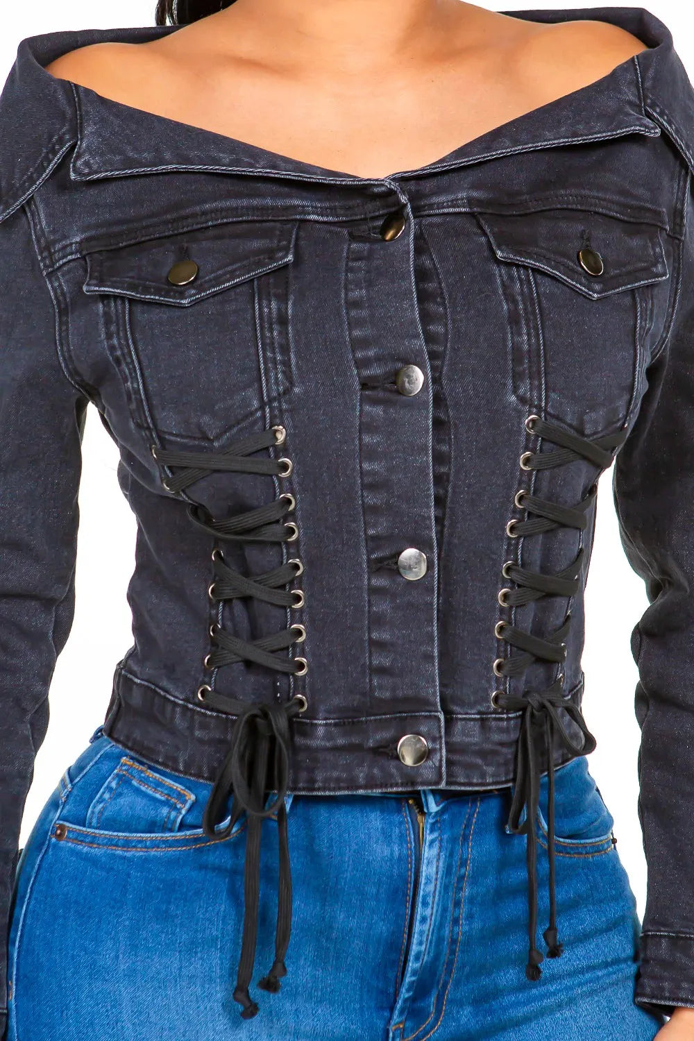 American Off Shoulder Lace Up Denim Jacket