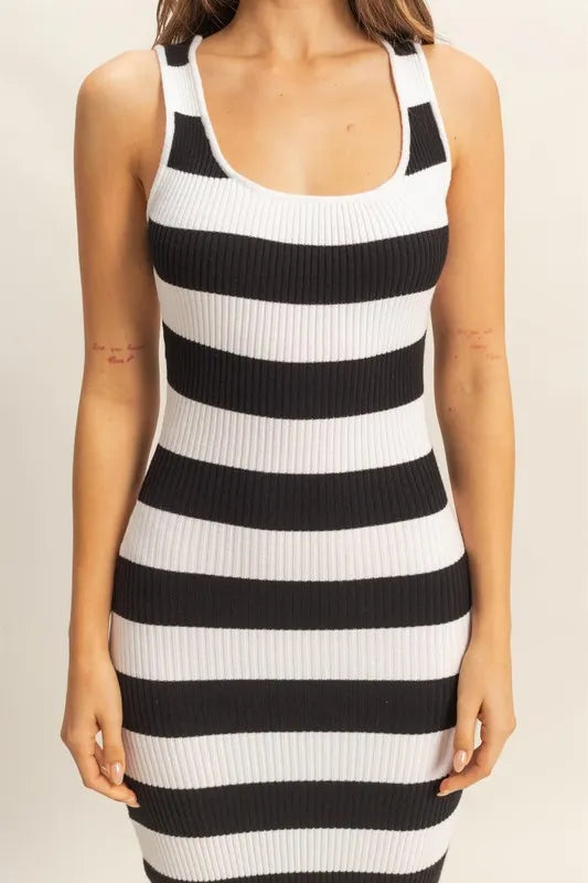 Striped Scoop Neck Wide Strap Knit Dress - MONLANE