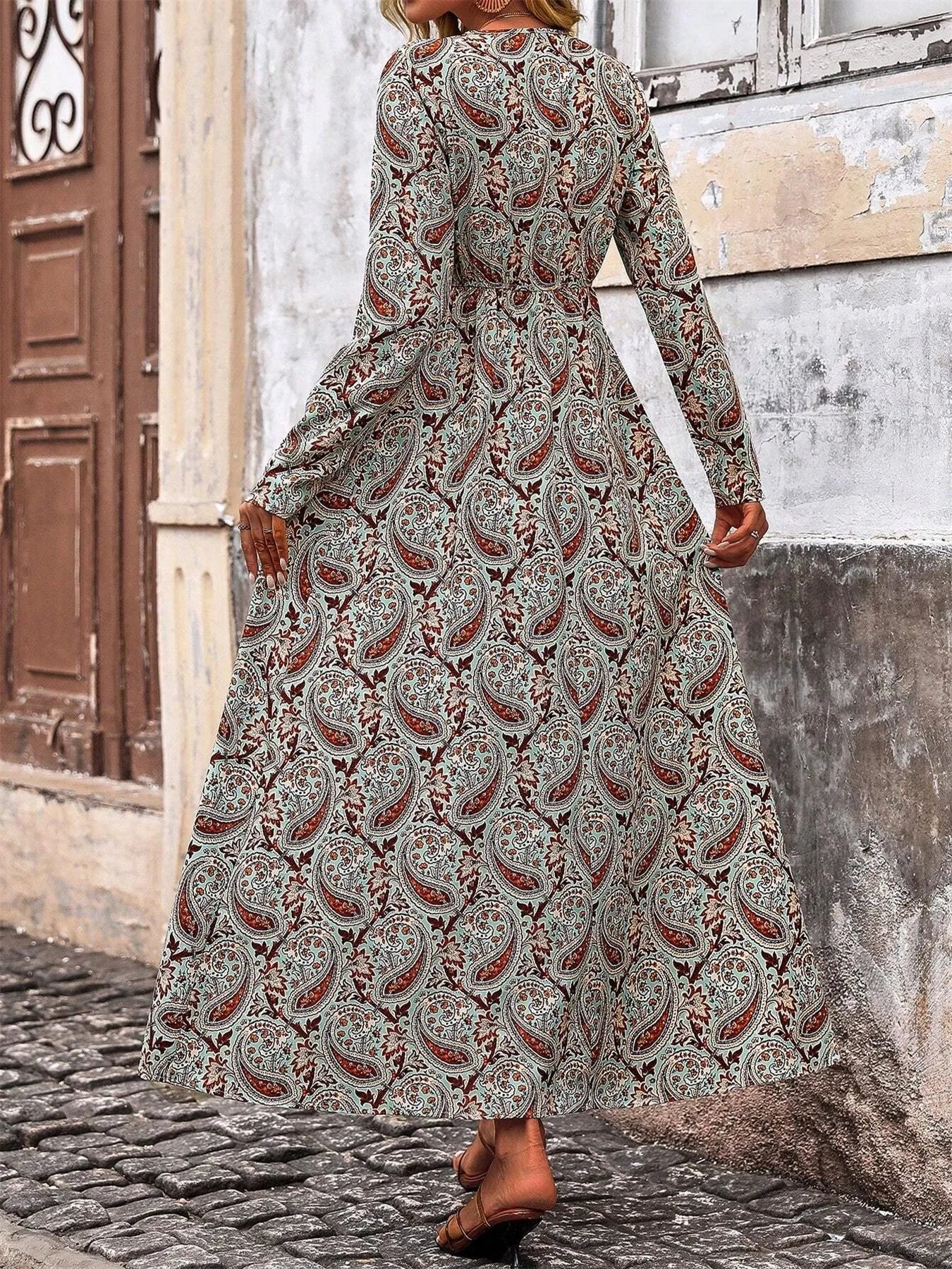 Paisley Print Long Sleeve Maxi Dress
