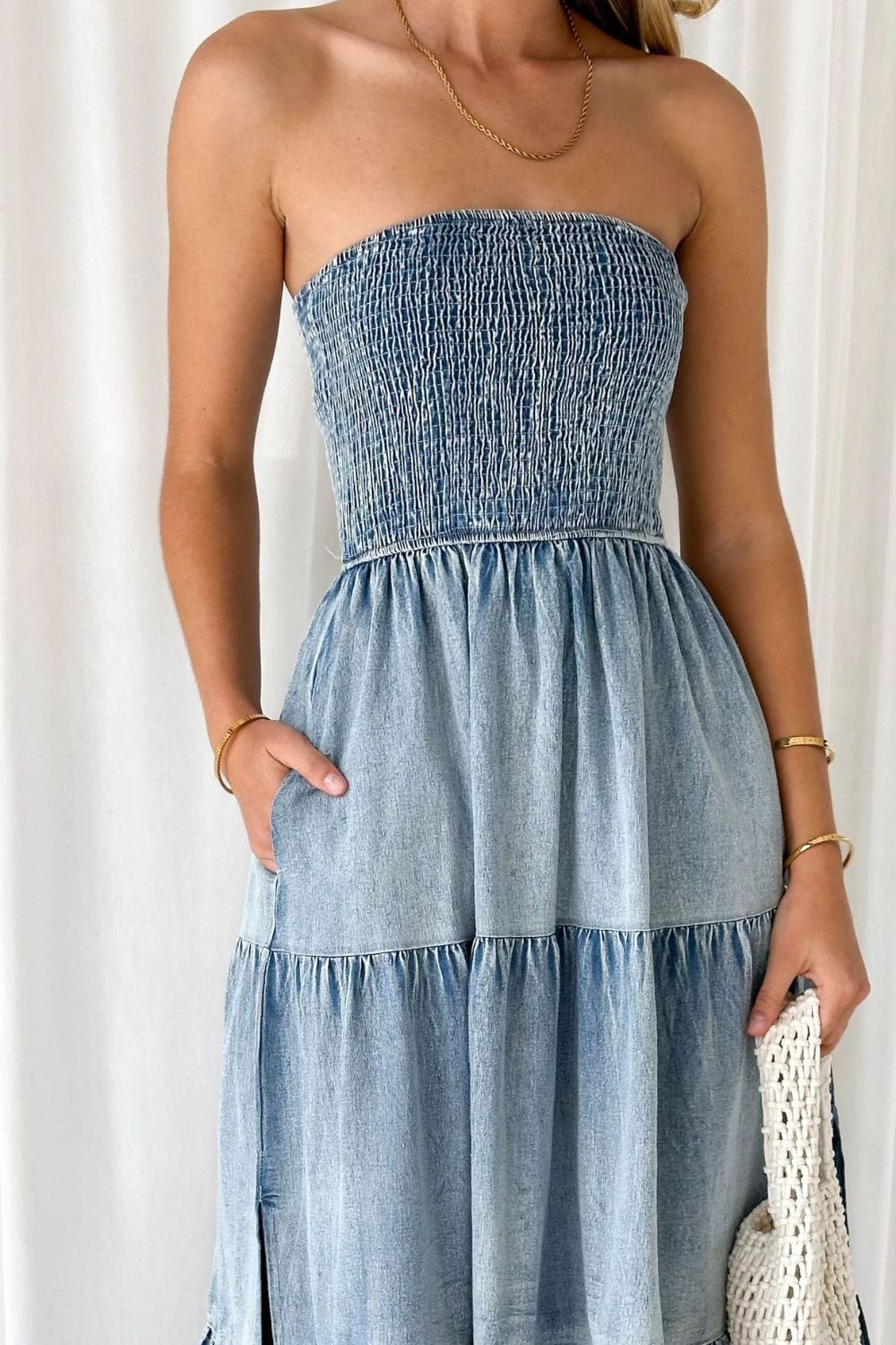 Slit Tiered Denim Dress