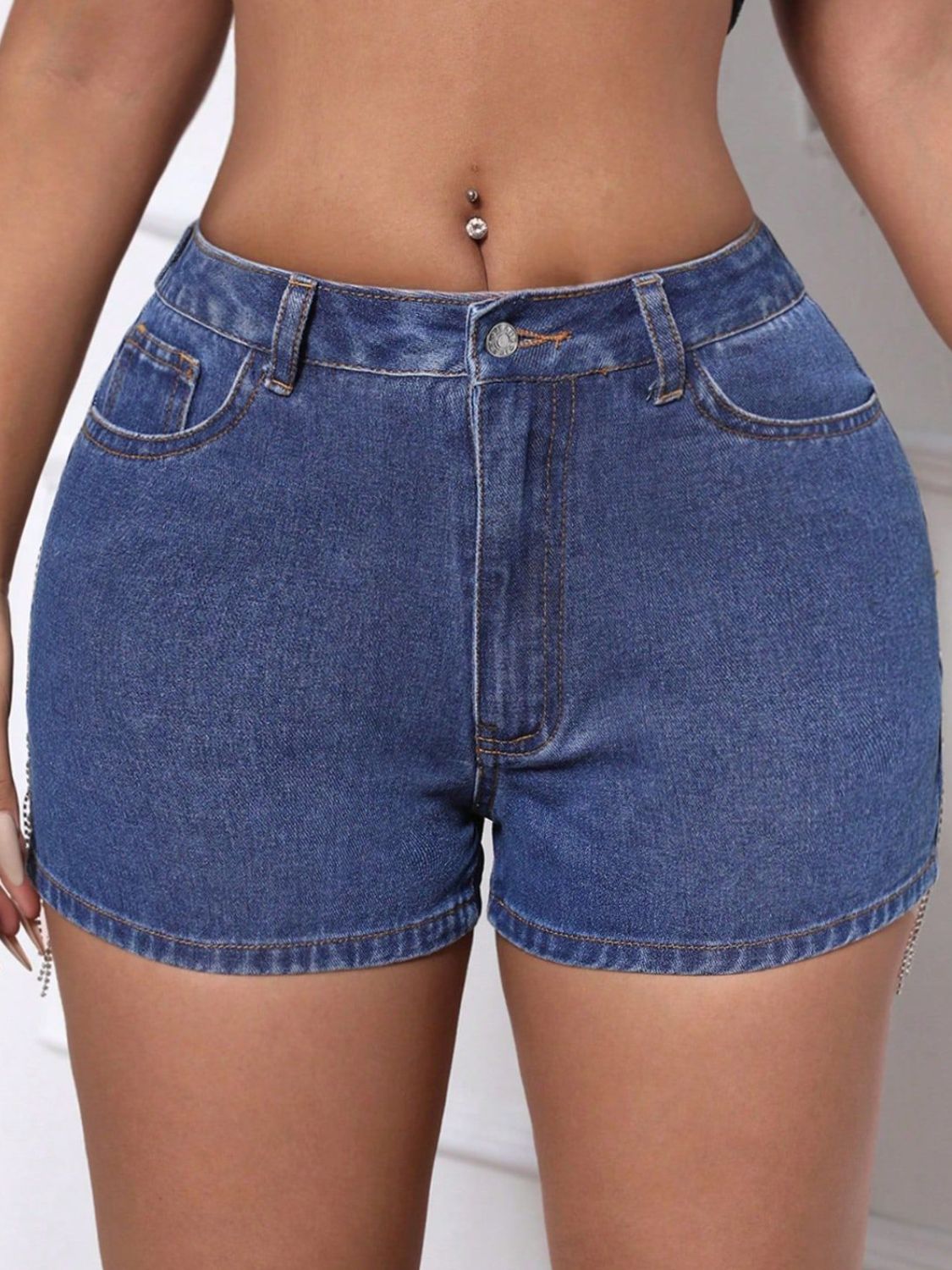 Fringe Denim Shorts with Pockets