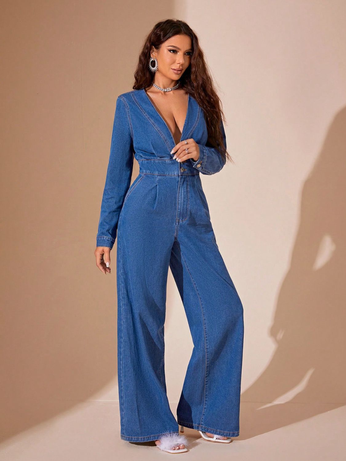 Plunge Wide Leg Denim Jumpsuit - MONLANE