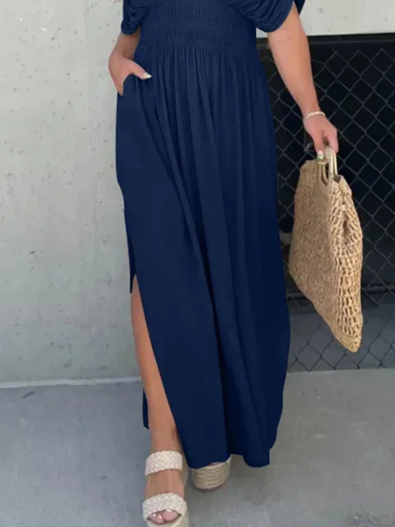 Full Size Deep V-Neck Maxi Dress with Side Slit