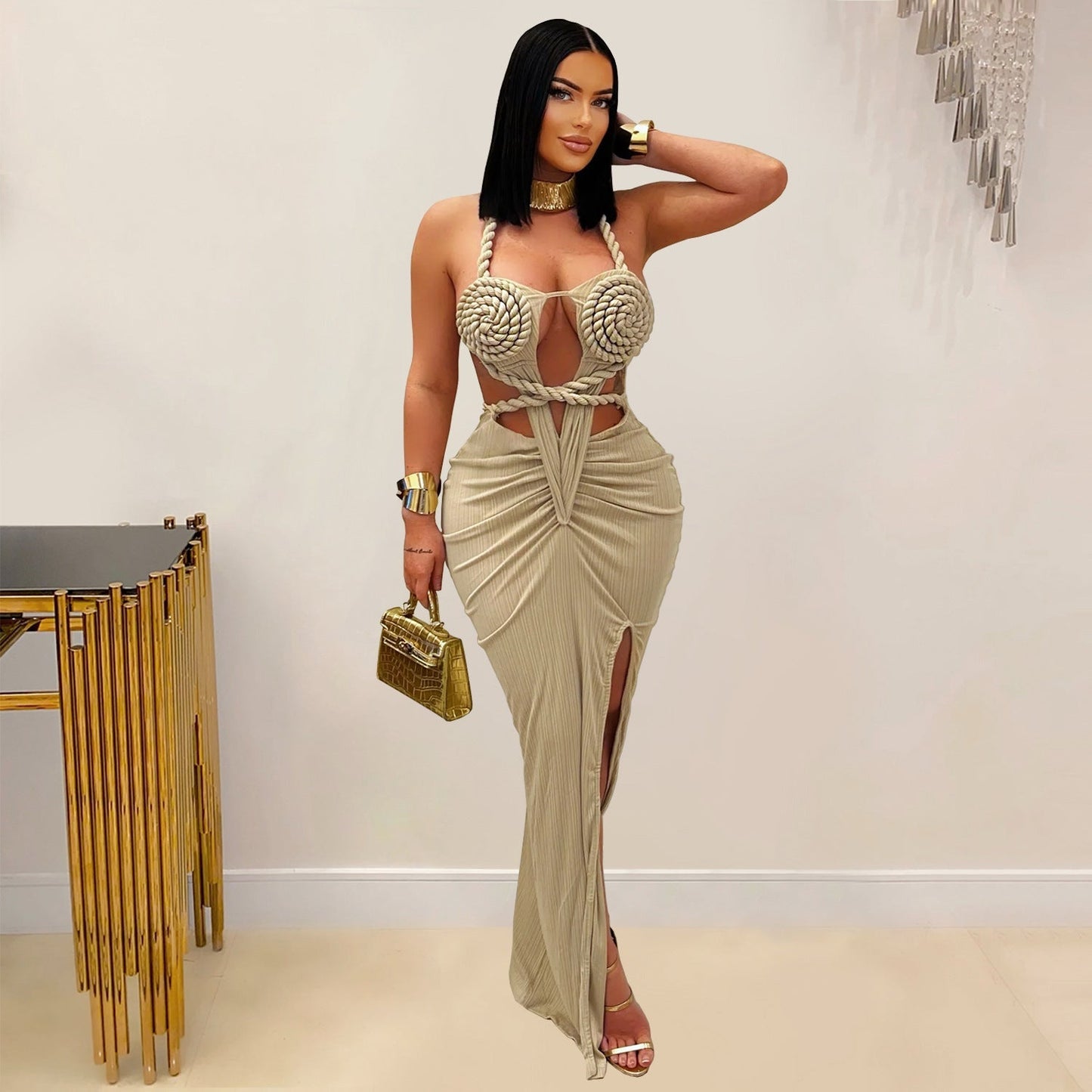 Knitted Neck Backless Solid Color Dress