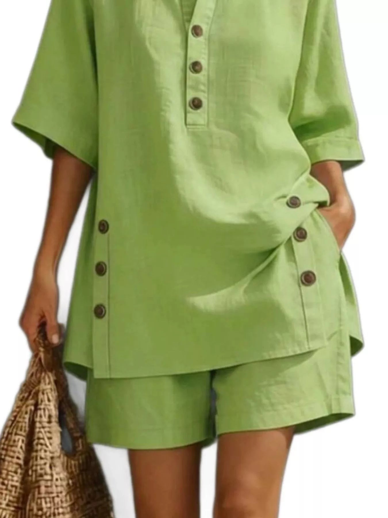 Full Size Casual Linen Button-Down Shirt & Shorts Set Plus Size