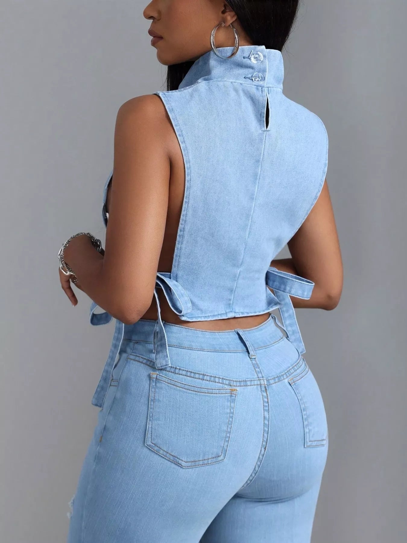 Sleeveless Cropped Denim Turtleneck