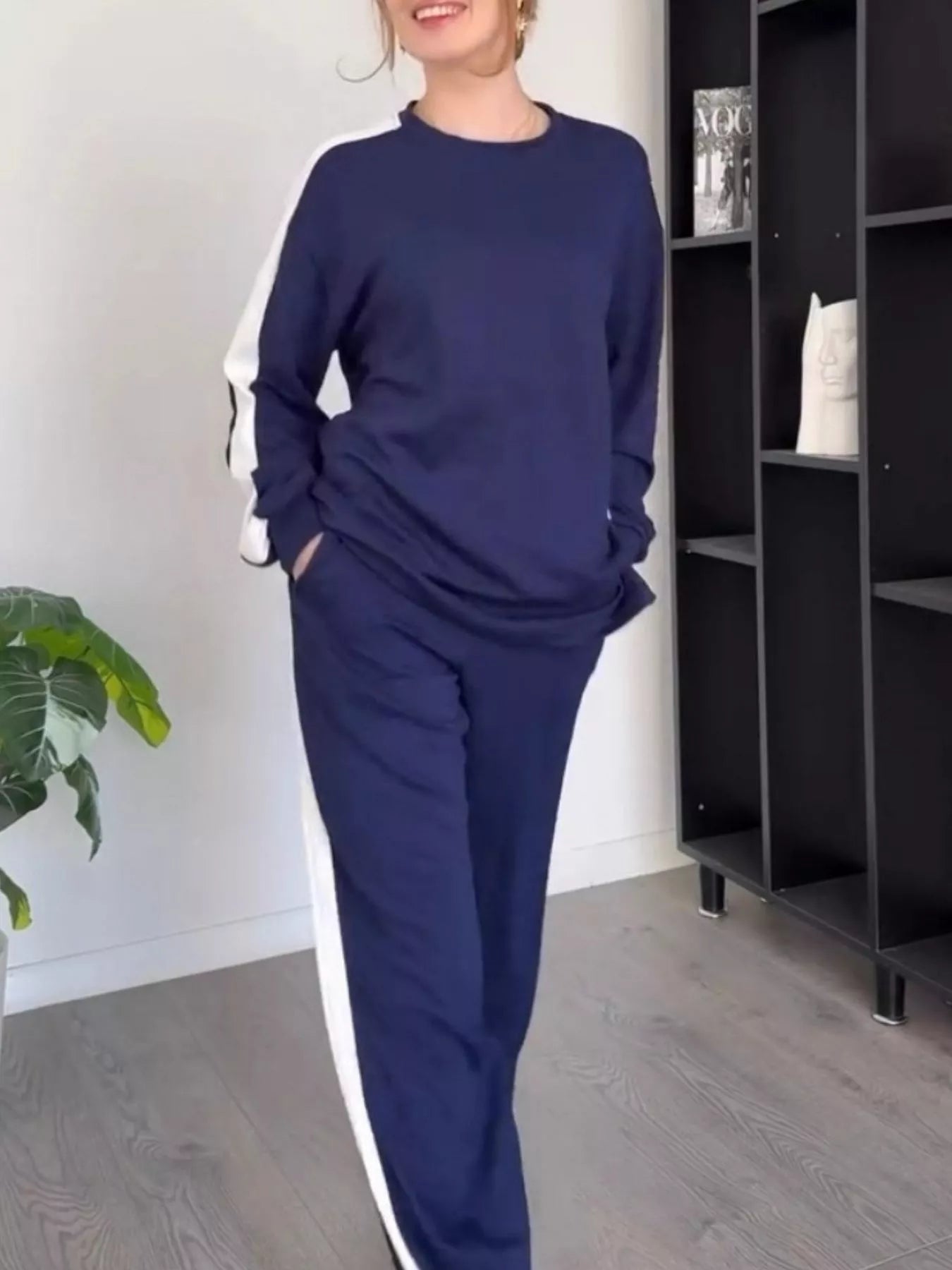 Full Size Contrast Top and Pants Set