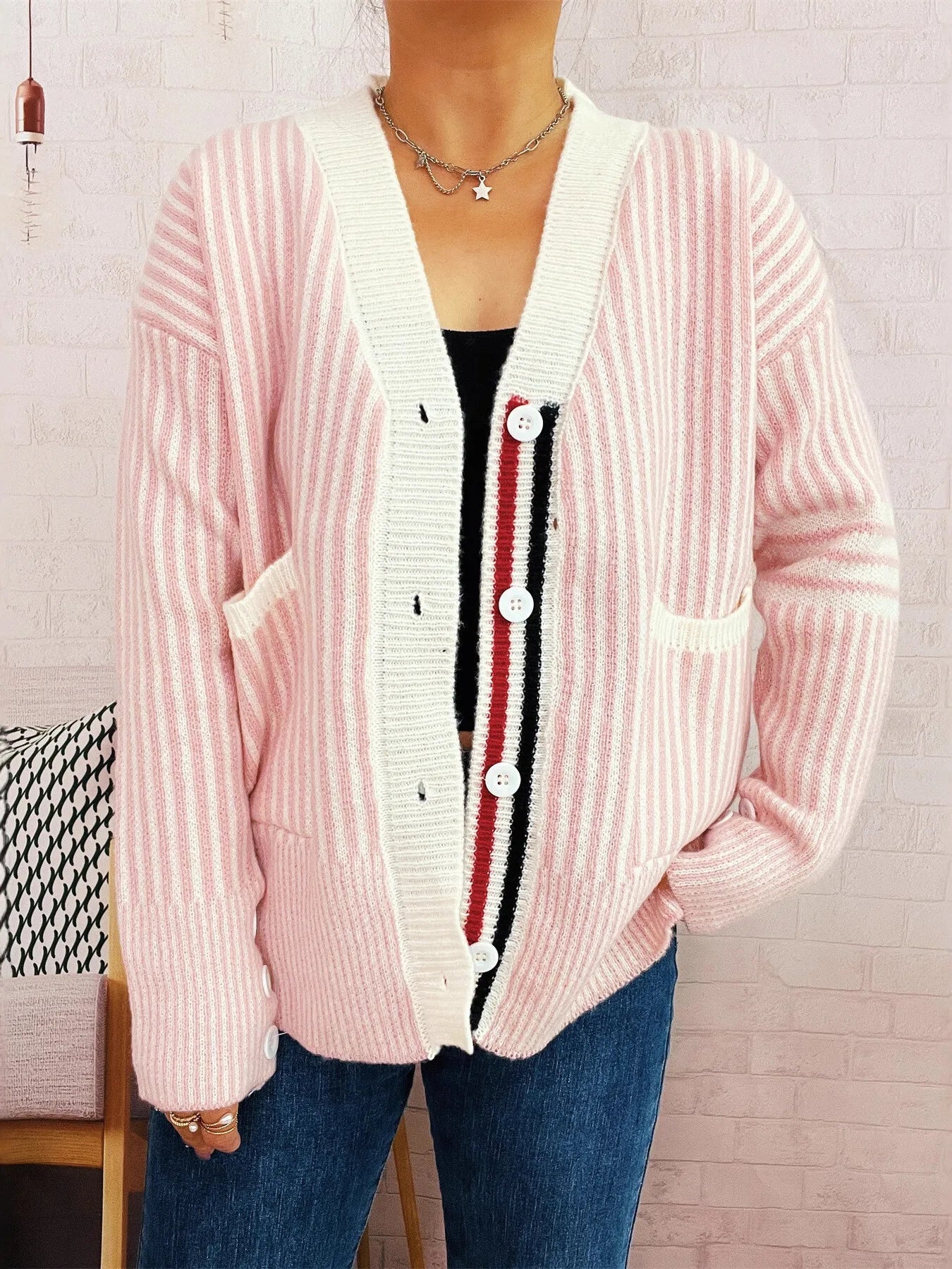 Striped Cardigan with Contrast Trim