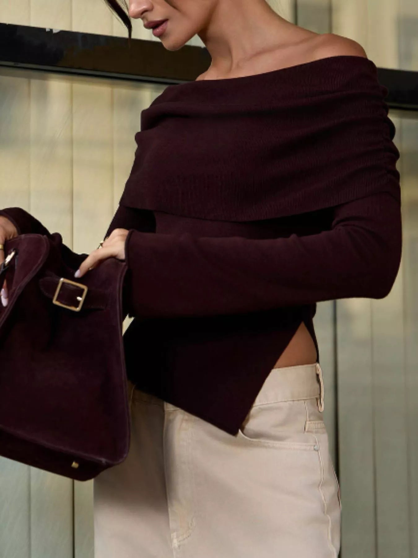 Asymmetrical Off-Shoulder Knit Top