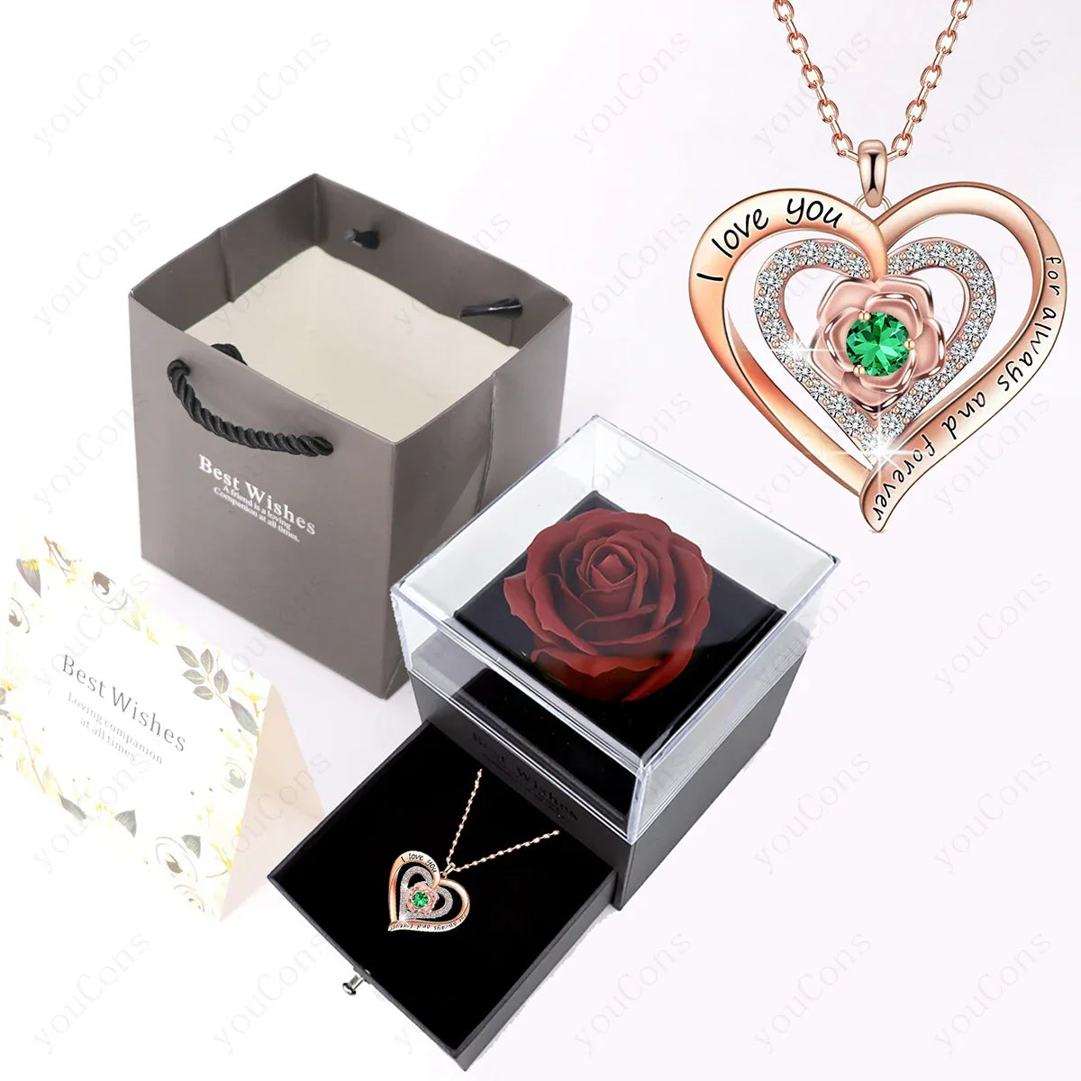 Pink Heart Pendant Necklaces With Rose Gift Box