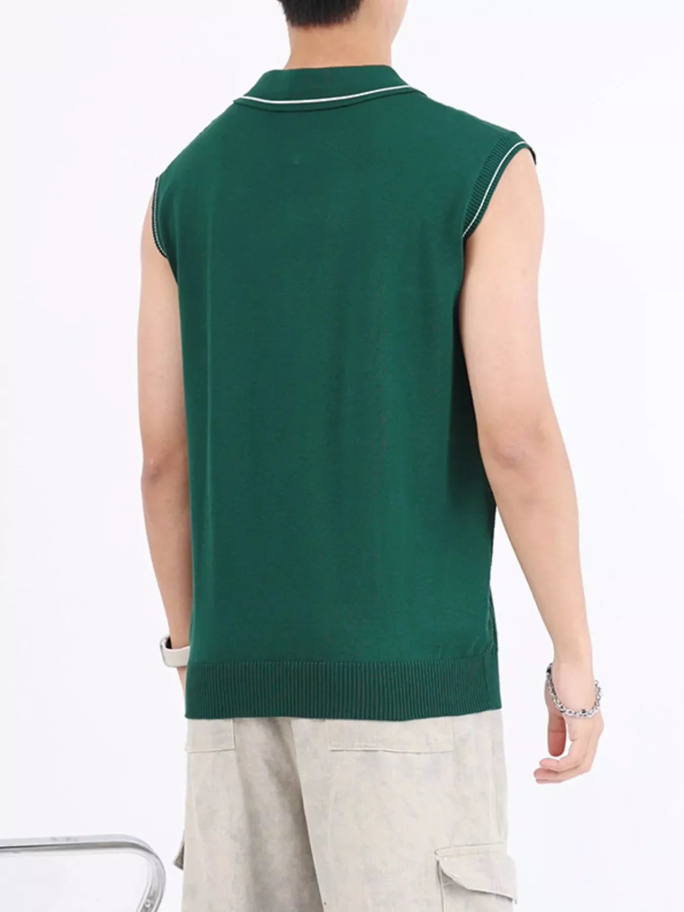 Men's Plus Size Knitted Polo Collar Zip-Up Sleeveless Top