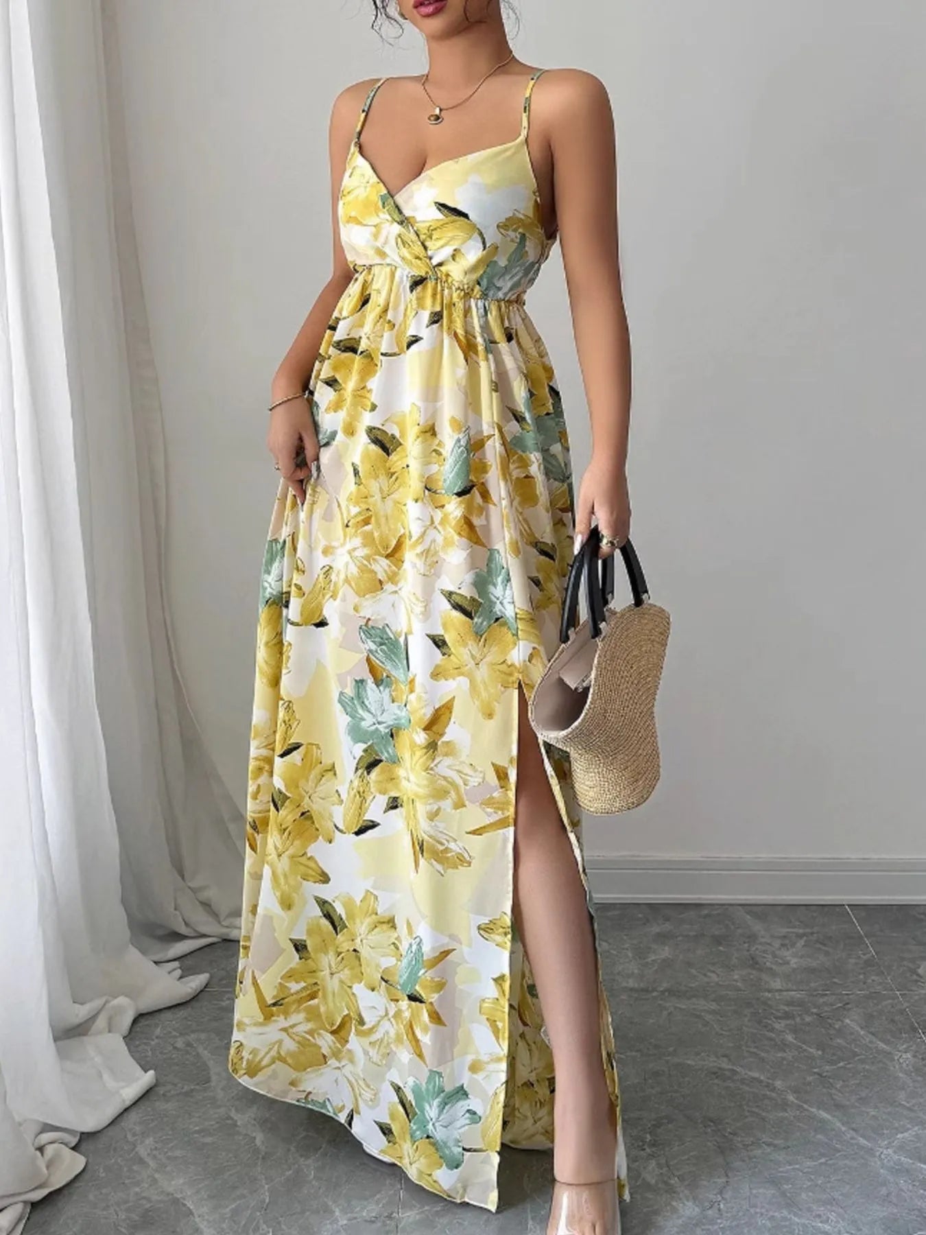 Floral Print Maxi Cami Dress with Side Slit