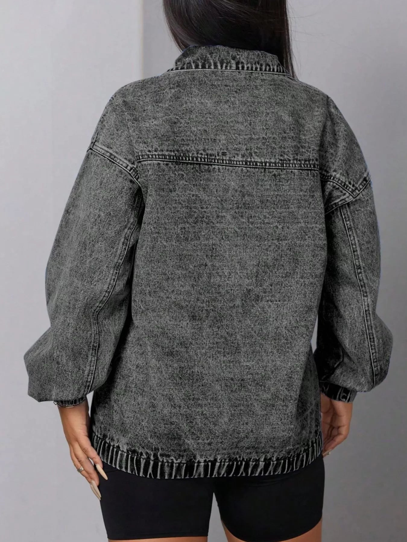 Elastic Hem Quarter Zip Denim Top