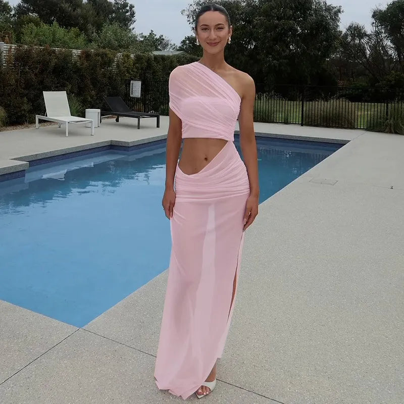 Sexy Mesh Slanted Shoulder Split Dress - MONLANE