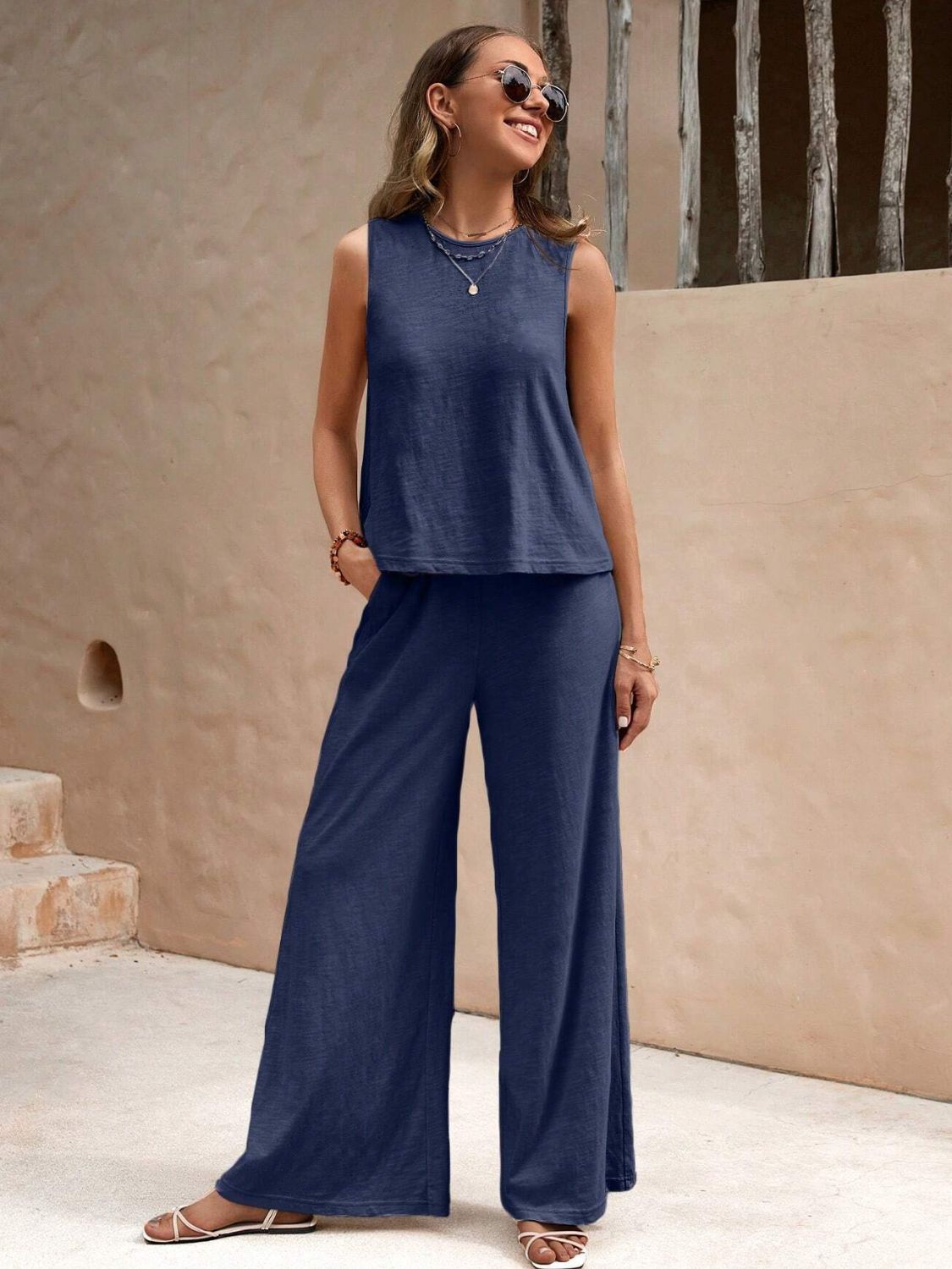 Sleeveless Top and Wide Leg Pants Set - MONLANE