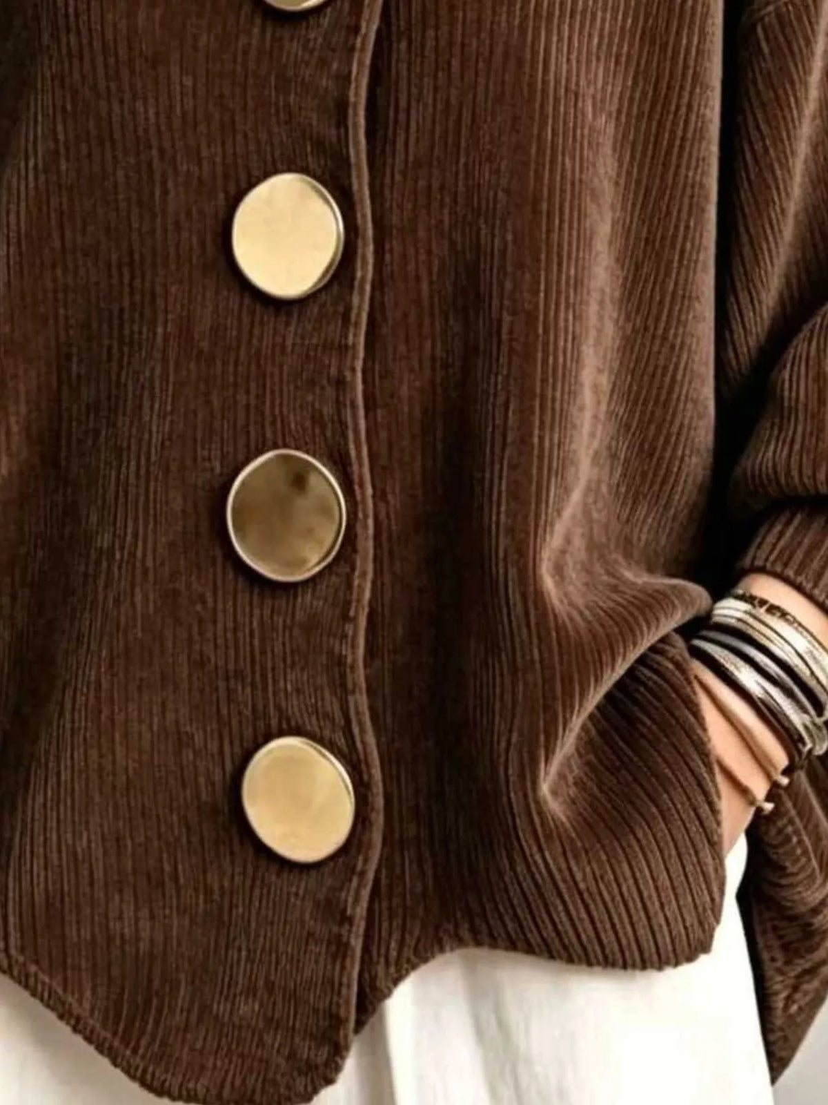 Plus Size Ribbed Knit Cardigan with Gold Buttons & Pockets
