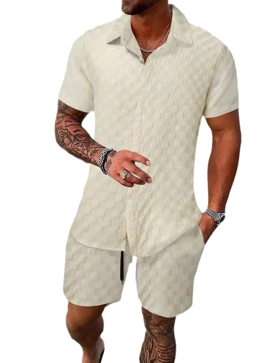 Men's Collared Neck Short Sleeve Top and Shorts Set