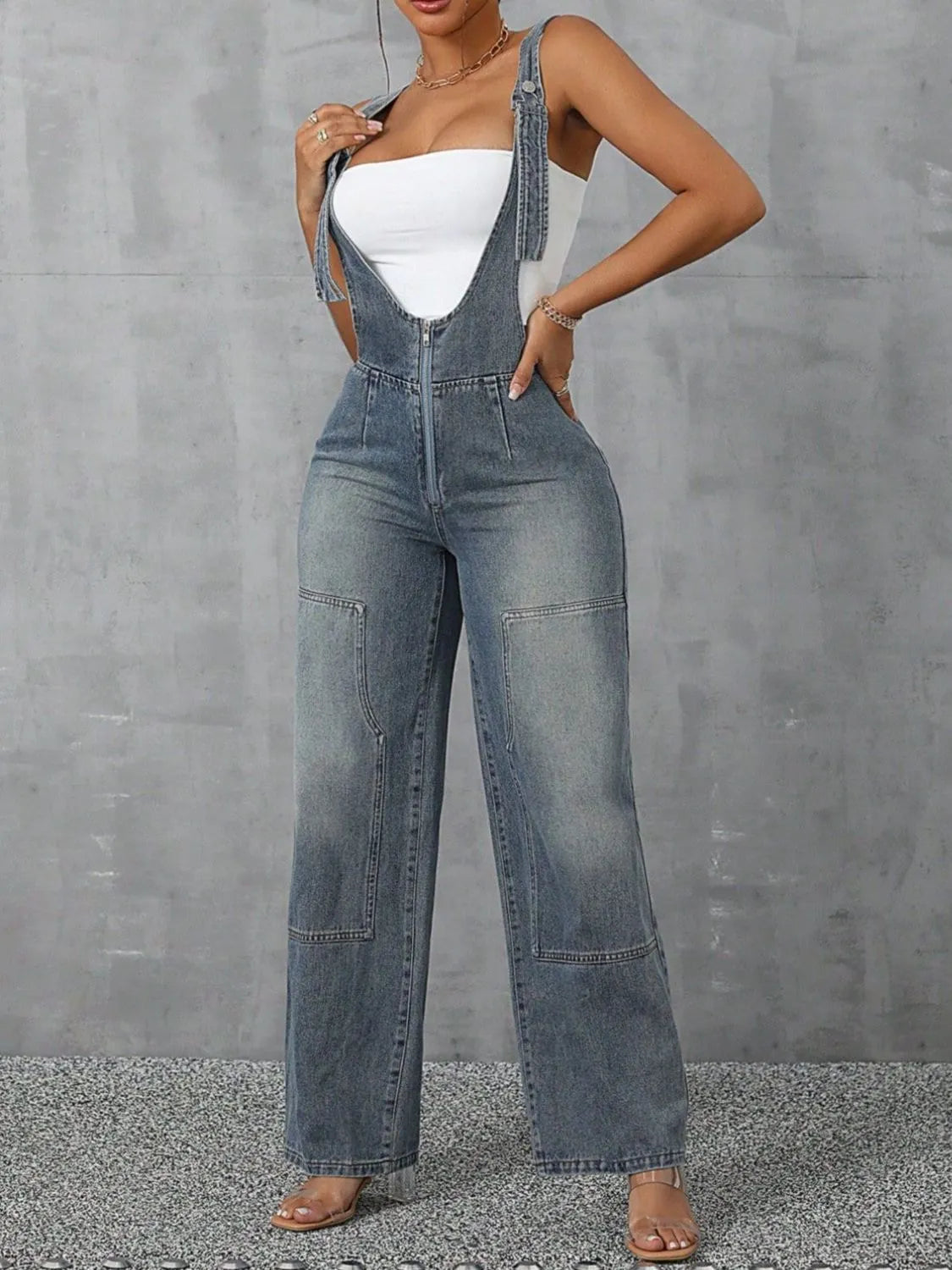 Zip Front Wide Strap Denim Overalls