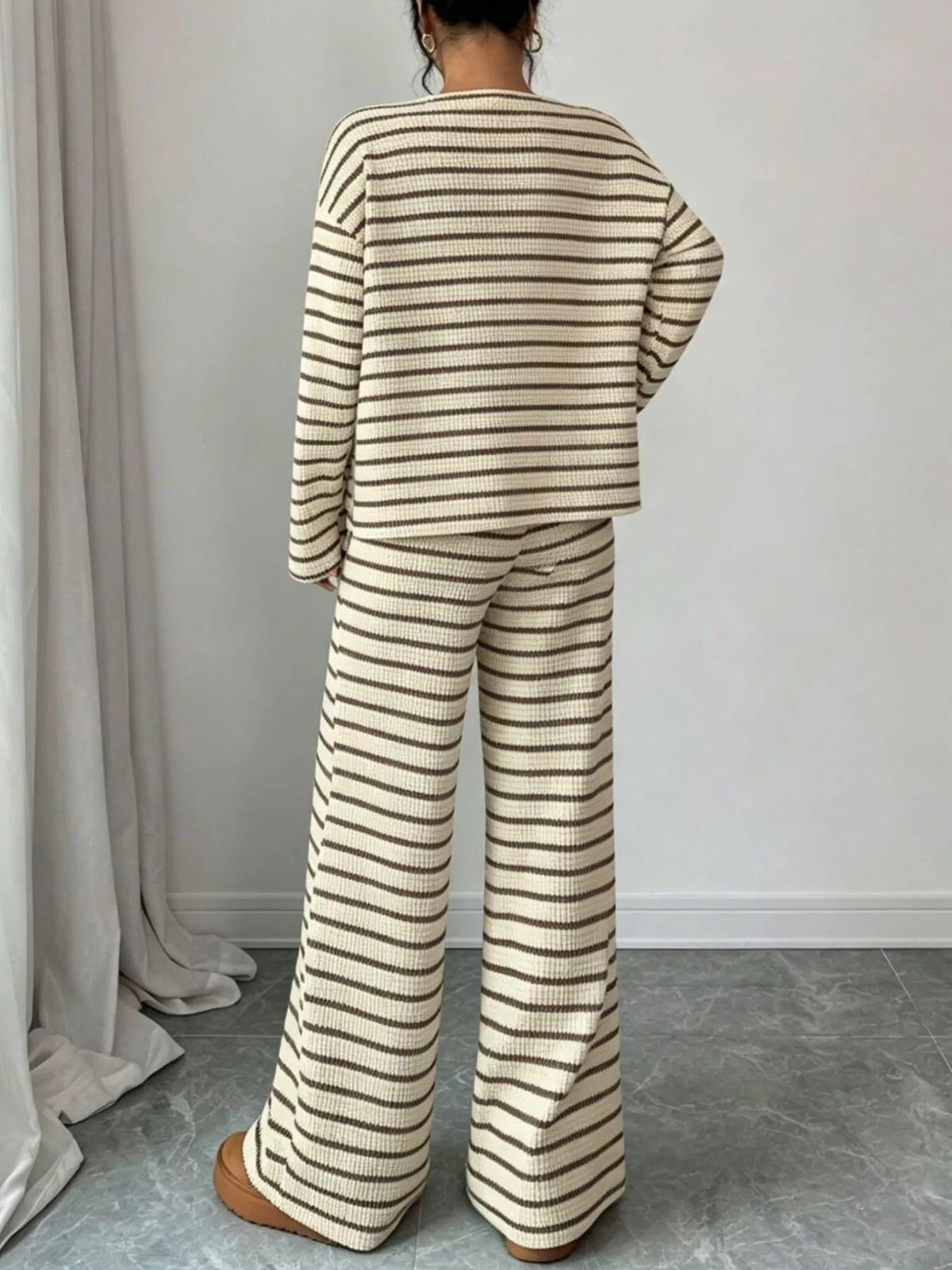 Striped waffle-knit top and pants set, view 13