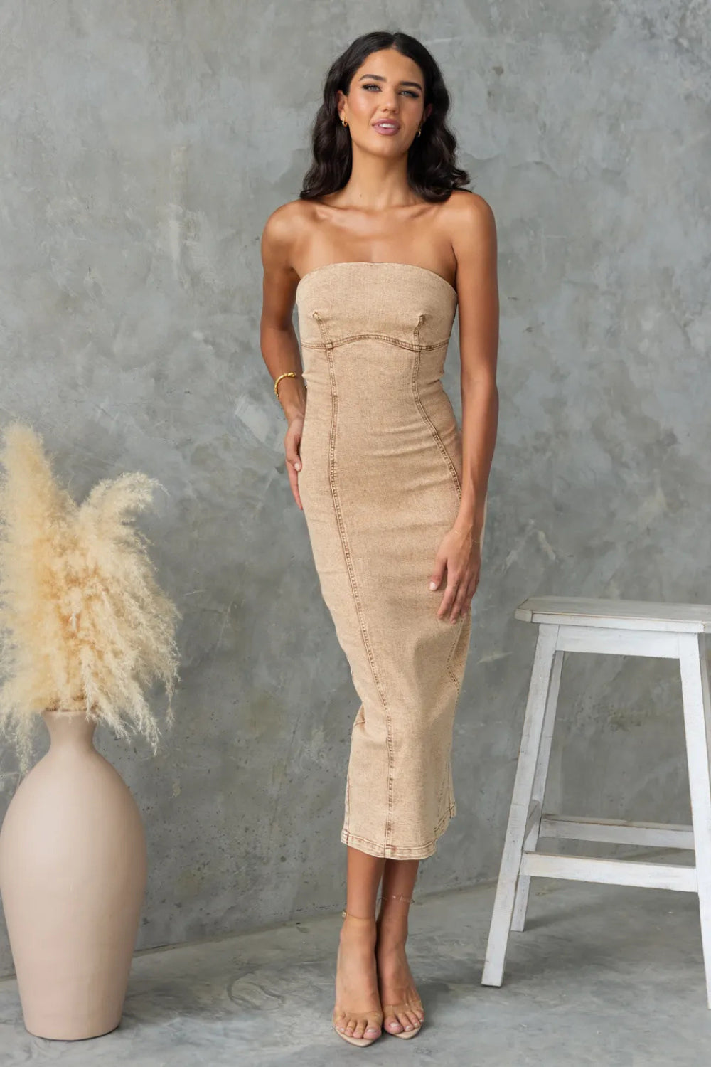 Slit Back Tube Denim Dress - MONLANE