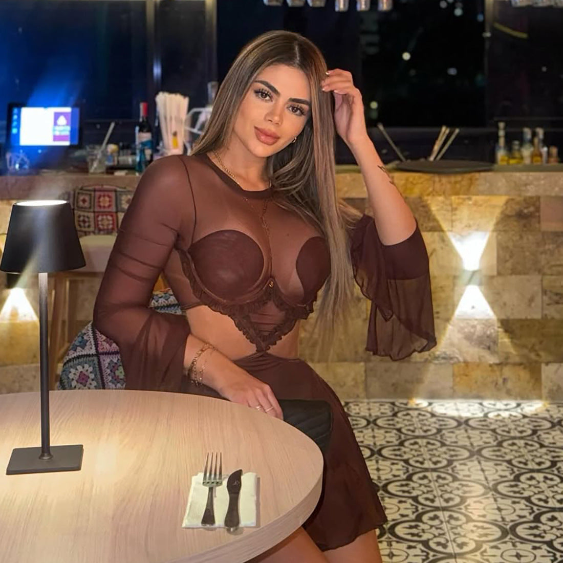 Mesh splicing perspective long sleeved dress