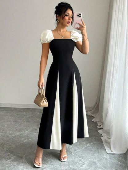 Contrast Puff Sleeve Midi Dress