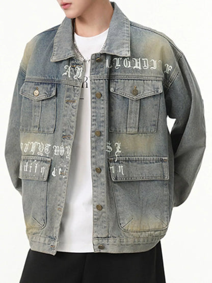 Men's Letter Print Washed Denim Jacket