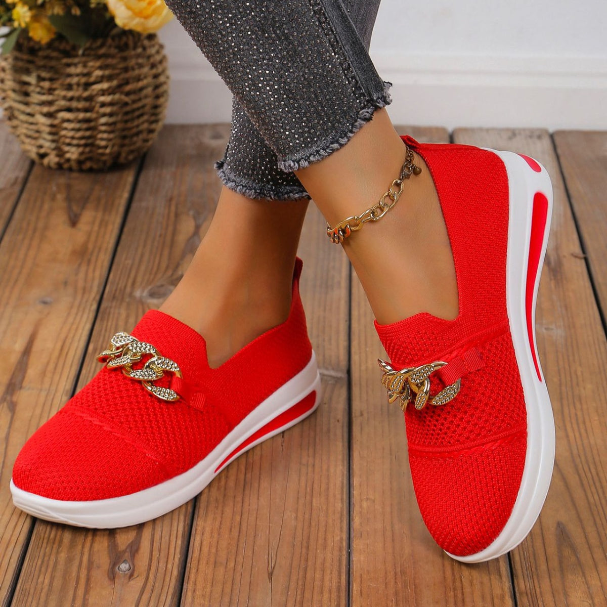 Chain Detail Round Toe Slip-Ons