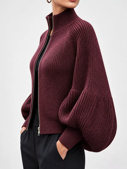 Ribbed knit lantern-sleeve cardigan, view 2
