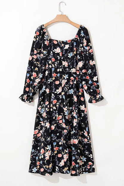 Floral Print Flounce Sleeve Midi Dress
