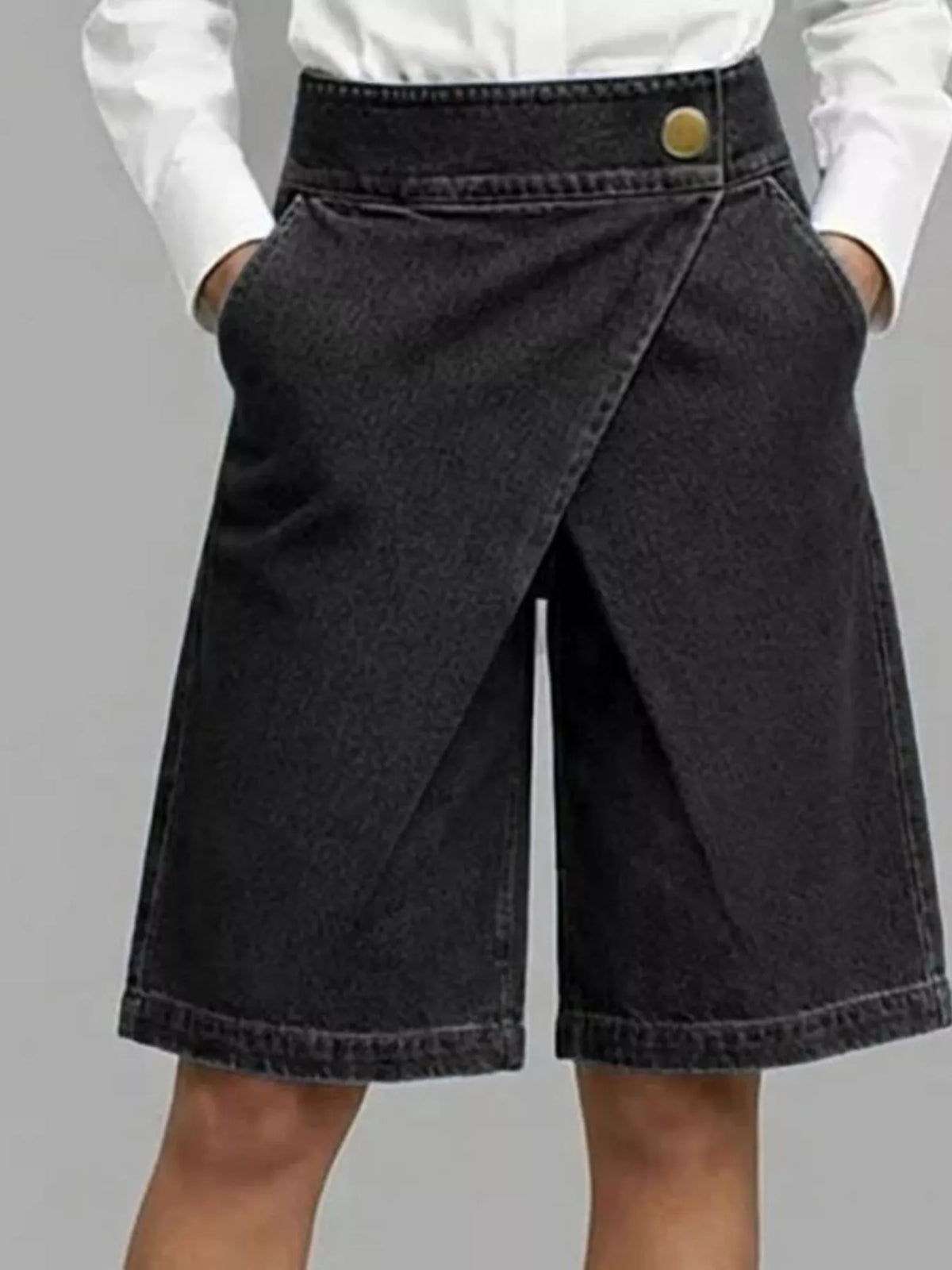 Plus Size High-Waisted Wrap-Front Denim Look Shorts