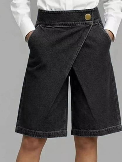 Plus Size High-Waisted Wrap-Front Denim Look Shorts