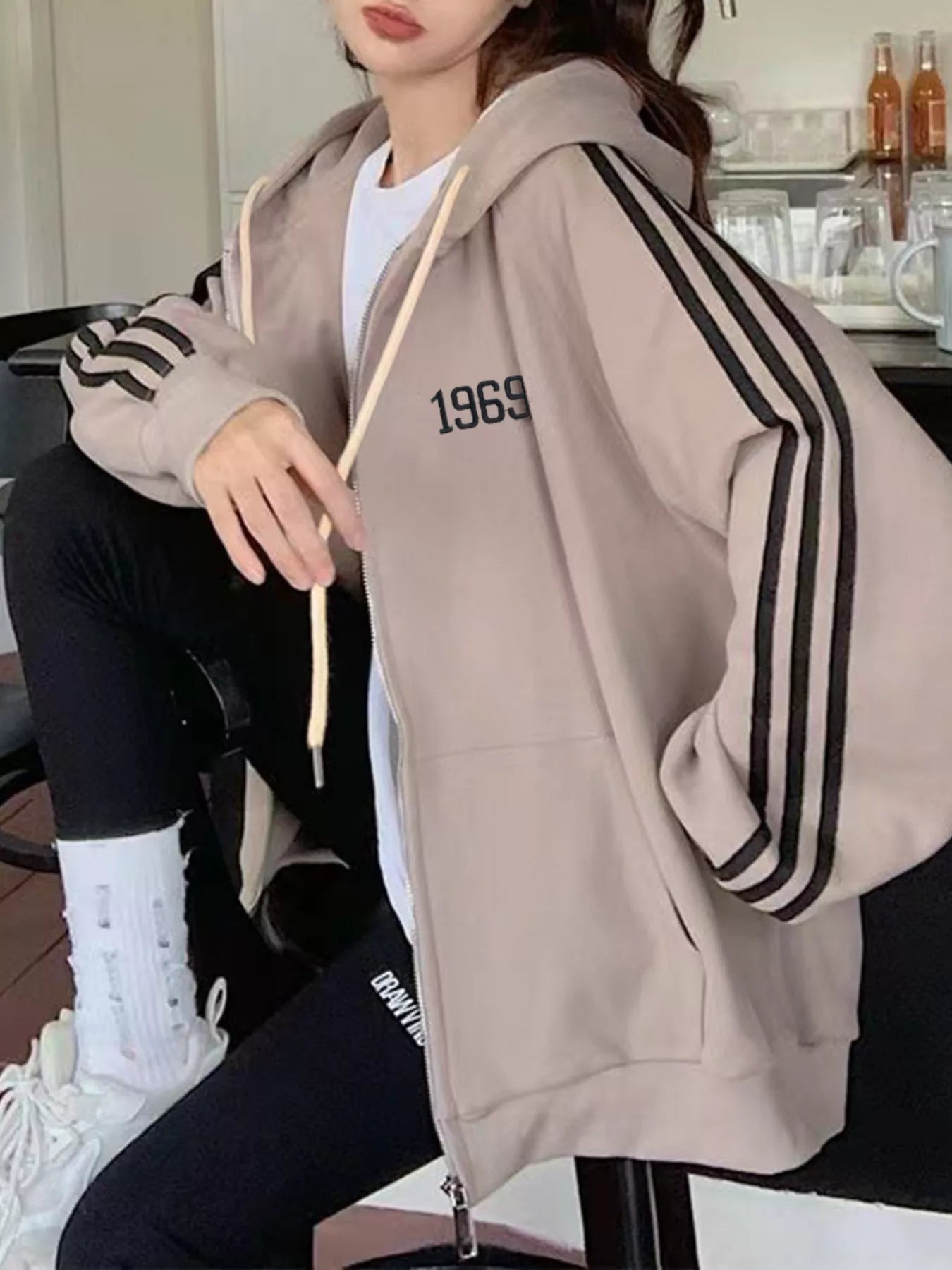 Striped Sleeve Zip-Up Hoodie