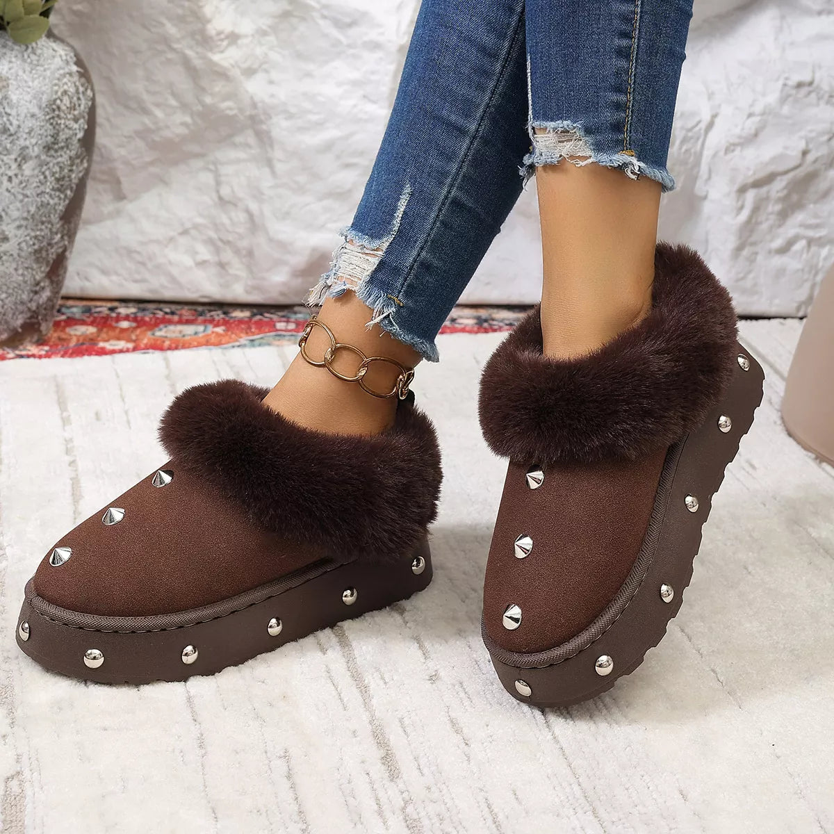 Studded Platform Faux Fur Lined Winter Boots