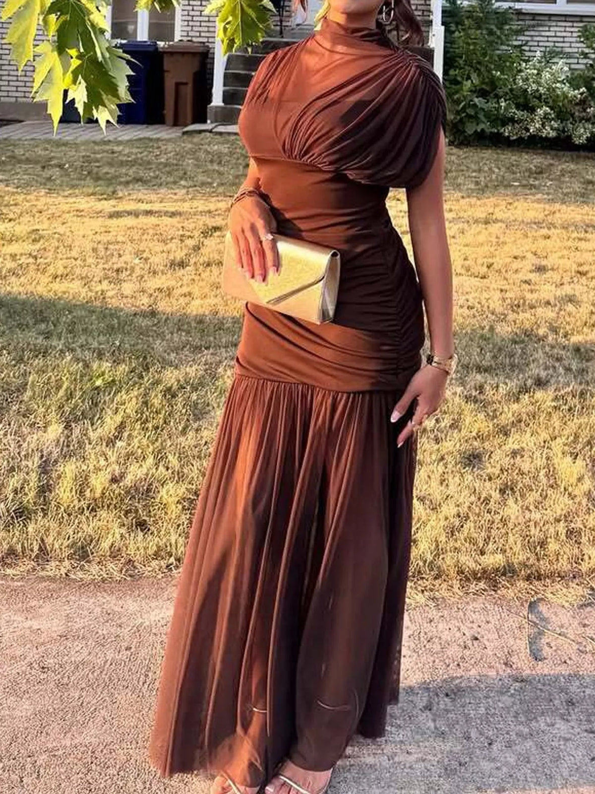 Mock neck ruched maxi dress, view 10
