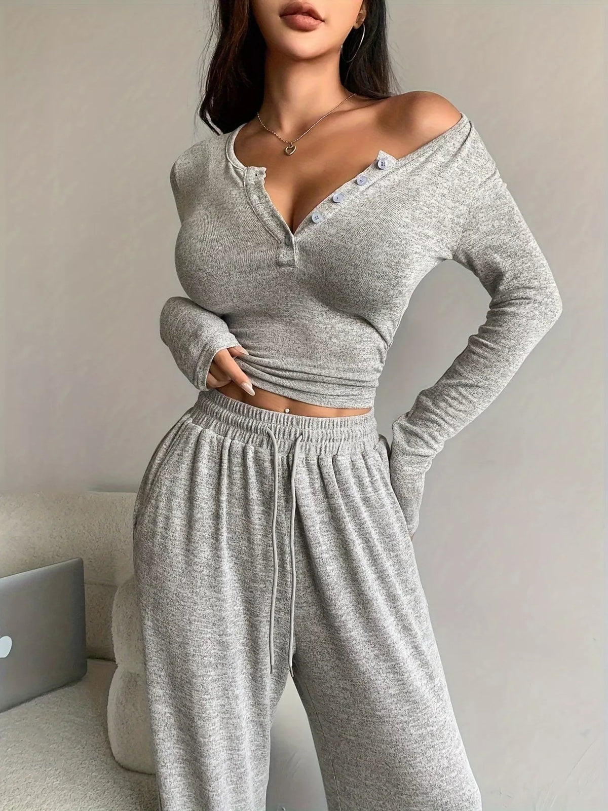 Button detail top and pants set, view 10
